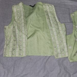 3 piece crop top, pants, vest.